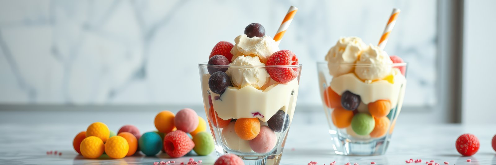 Two glasses of ice cream with colorful candy and fruit are displayed on a white counter